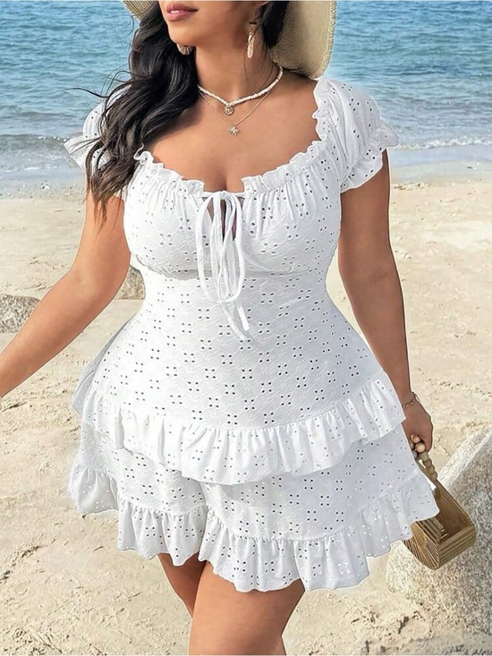 SHEIN Dresses & Skirts - SHEIN Curve White Eyelet Off Shoulder Ruffle Mini Dress 4XL US 20 Boho